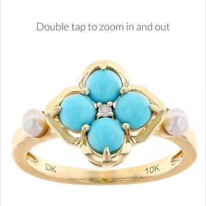 10K YG Blue Sleeping Beauty Turquoise Cultured Pearsl Diamond RingYellow…